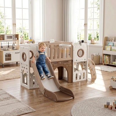  9 In 1 Large Toddler Slide, Kid Playset W/long Slope, Baby Climber Set W/basketball Hoop, Telescope, Tunnel, Storage Space, Enclosed Steps, Indoor Outdoor Playground