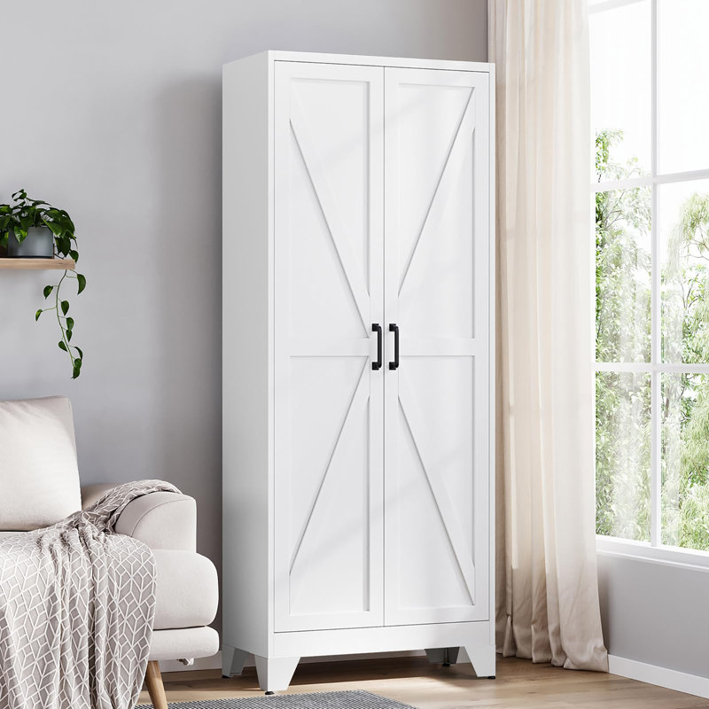 Armoire de rangement 75 po à 4 niveaux en métal blanc à 4 niveaux avec 2 portes et 4 tablettes réglables