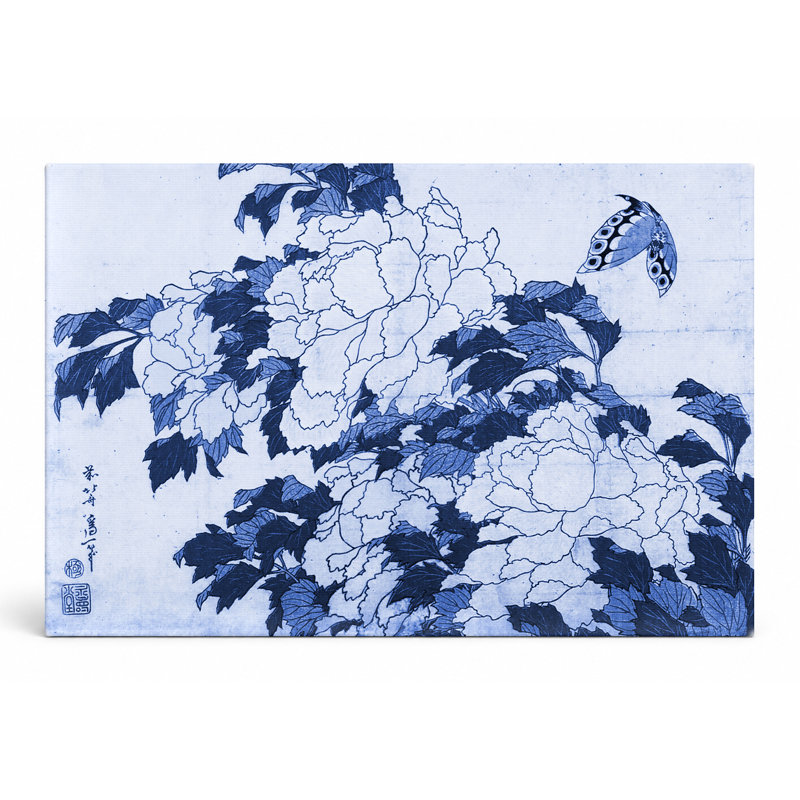 Pivoines et papillon (vers 1833) - art mural sur toile paysage, 14" W x 11" H