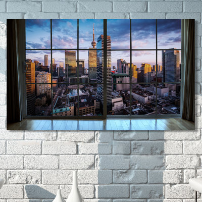 «Buildings at Sunset in Downtown Toronto, Ontario Window», reproduction de photo sur toile tendue