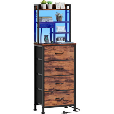 Nightstand with 4-Drawer LED Charging with 2 USB Ports & 2 Outlets, 2 Shelves, Adjustable Height for Bedroom