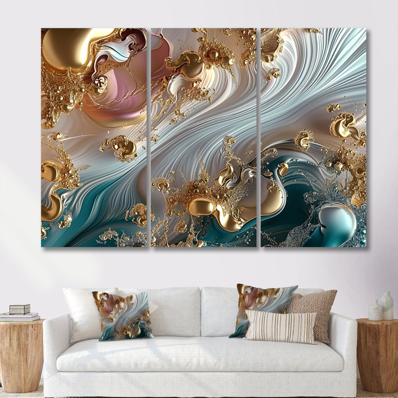 Liquide ruisseaux coucher de soleil rose turquoise or - ensemble d'art abstrait vagues modernes, Toile tendue