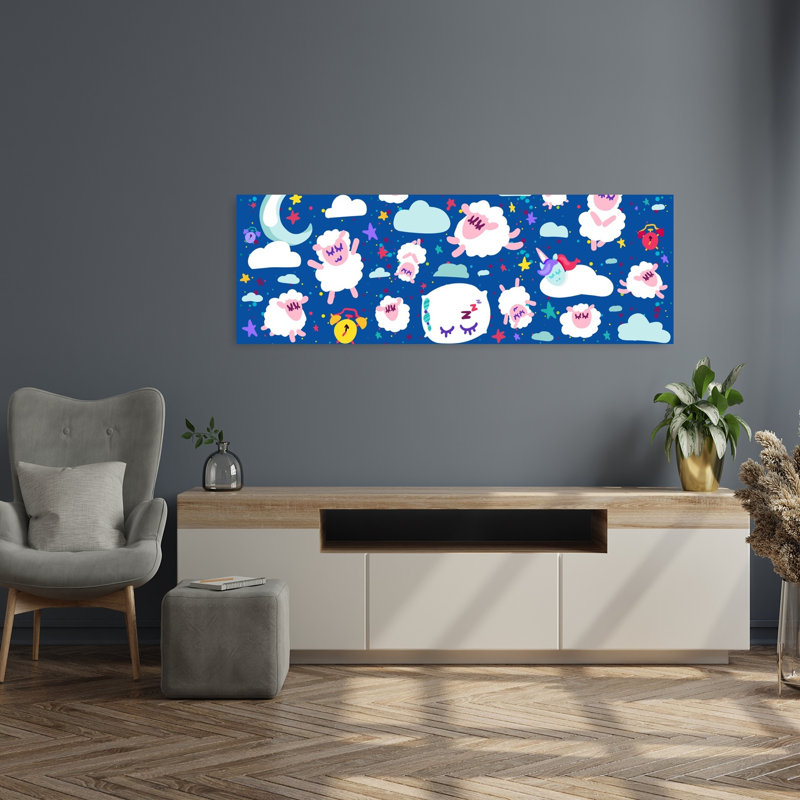 «Sweet Sleeping Sheep Dreams Dreamy Playful Tranquil Animal Landscape», art mural, H 16 po x l 48 po