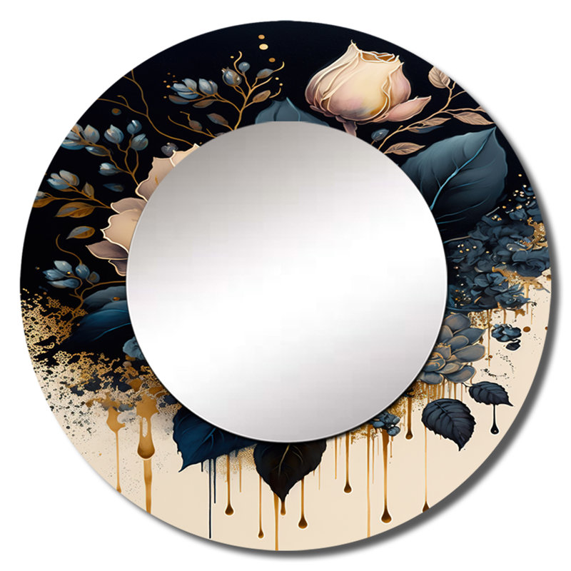 «Sidarth» bleu marine et or rose I - miroir rose, miroir mural rond unique traditionnel, impression d'art en métal