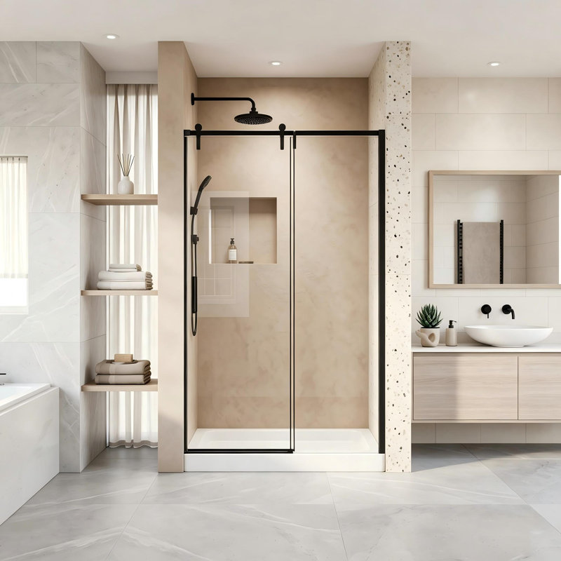 44-48"W x 76"H Semi-Frameless Sliding Shower Door, 1/4 Inch Clear SGCC Tempered Glass