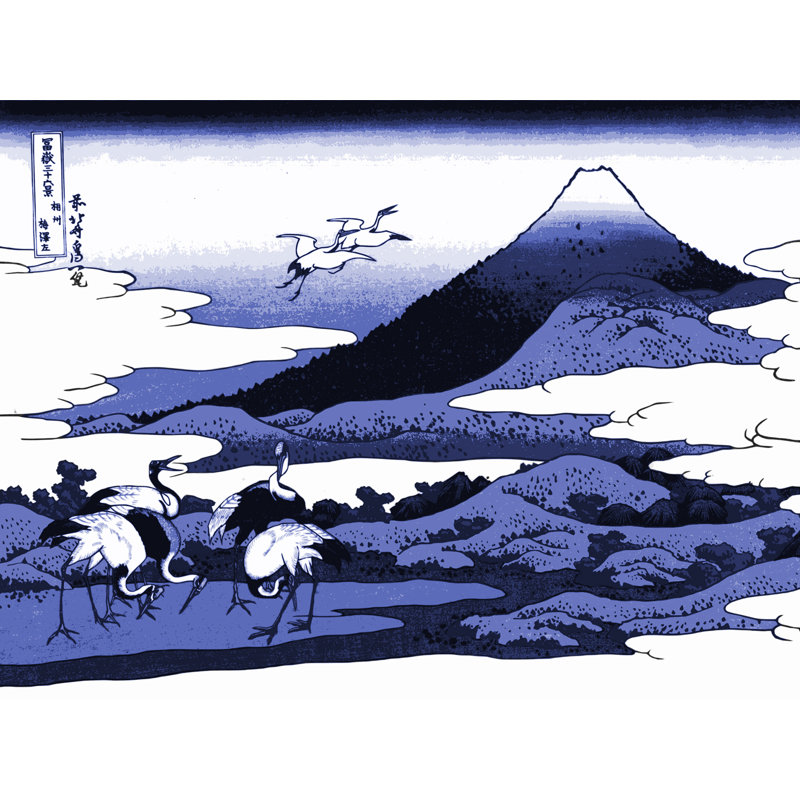 Décalcomanie murale amovible pour grues japonaises et fixation en bois fuji, H 14 po x l 18 po, Bleu