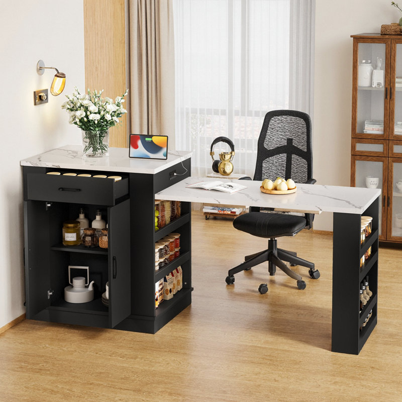 Extendable Kitchen Island with Storage - Expandable Countertop, 2 Cabinets & Shelves - Black, Black