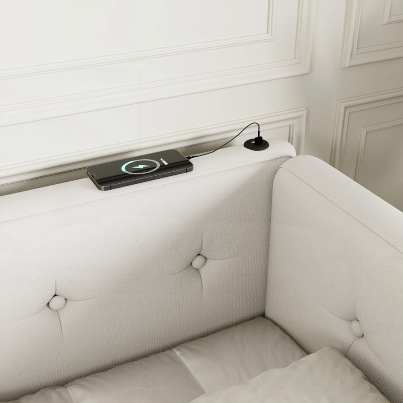 Grand lit plateforme tapissier avec ports USB - aucun sommier nécessaire, fabrication robuste!, Grand lit, Beige