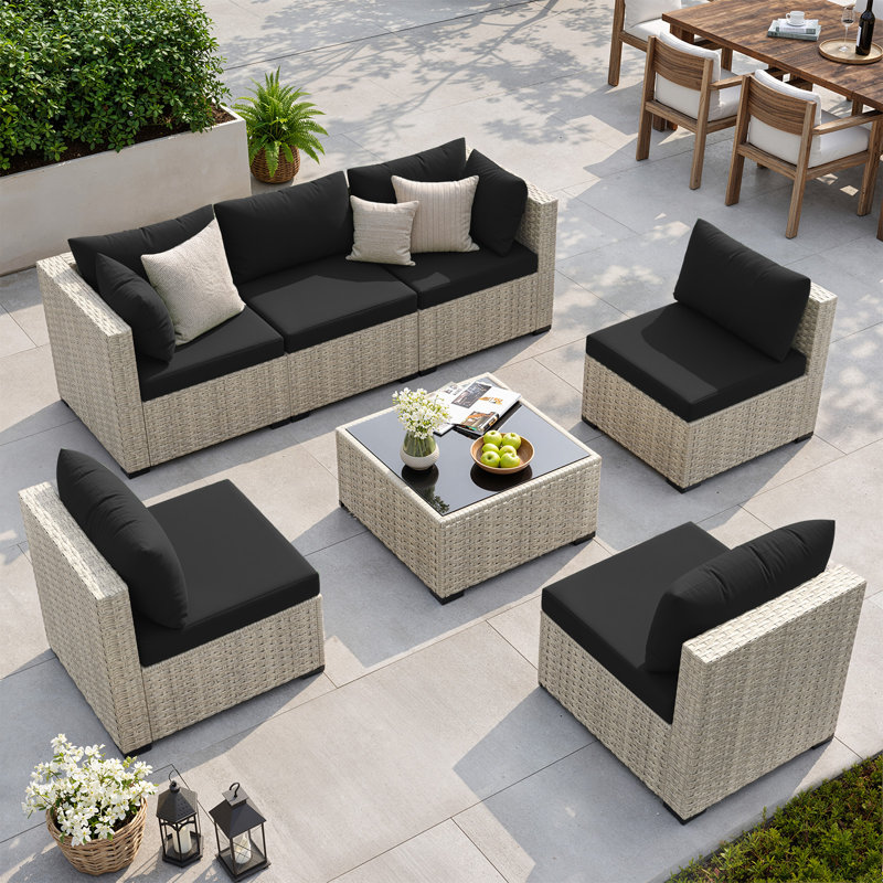 Ensemble de conversation de patio 7 pièces avec table basse et coussins, Gris, Noir