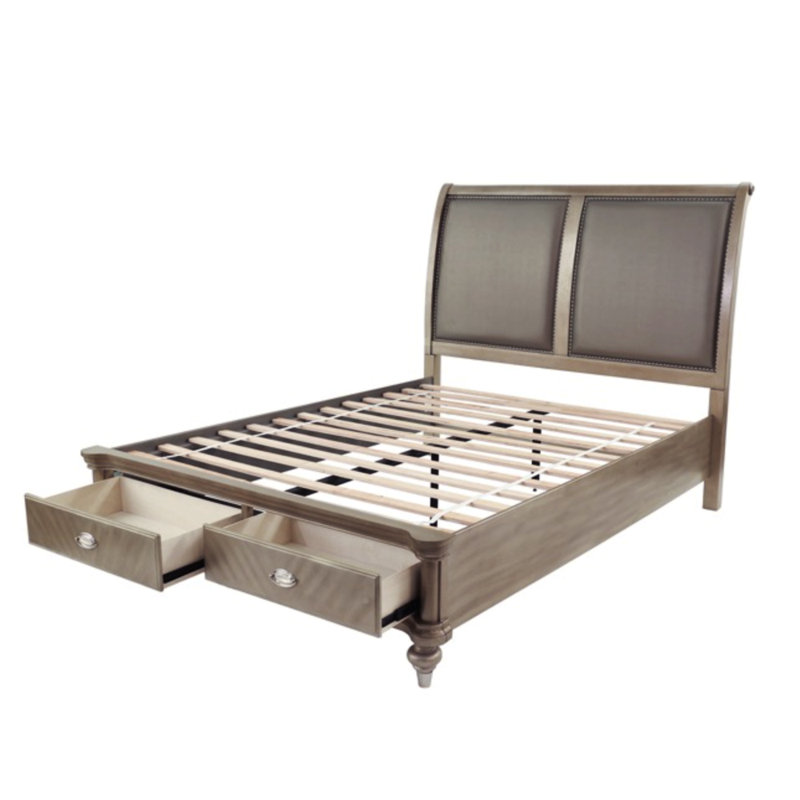 Wooden Bed With 2 Storage Drawers In Antique Silver, Queen