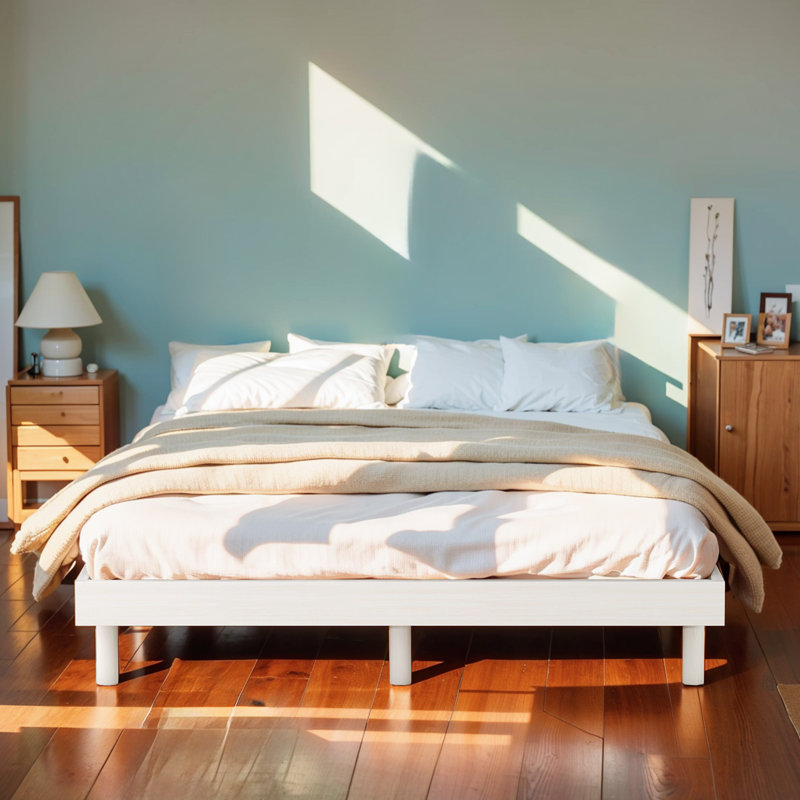 Sleek Modern Floating Platform Bed Frame, White Washed, Full / Double