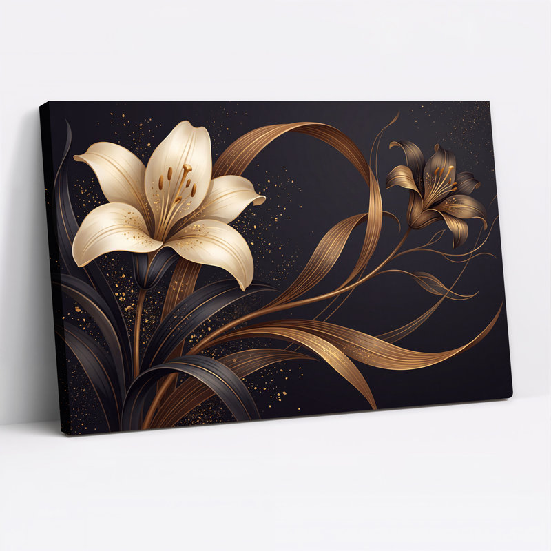 Art mural lys crème et bronze avec feuilles métalliques sur toile foncée, 36"H x 48"W