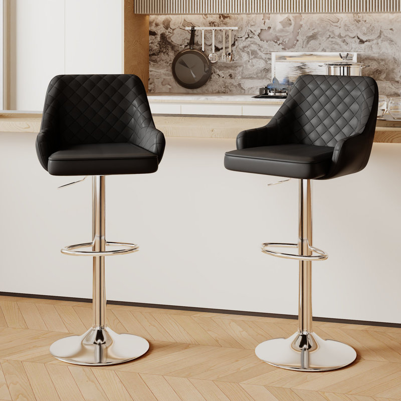 Aryelle Bar Stools Set of 2, Adjustable Counter Height Stools with Back and Arm, Modern Swivel Bar Chairs with Footrest, Upholstered PU Leather Kitchen Island Stools, Black