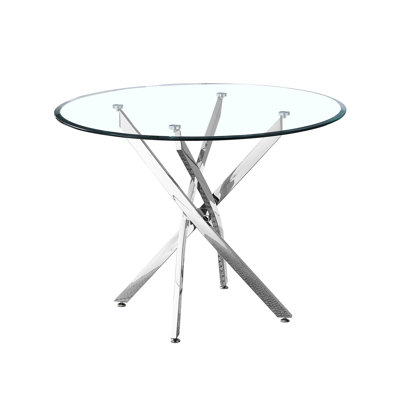 Table de salle à manger ronde contemporaine en verre trempé transparent avec base et supports sculpturaux en métal argenté, profondeur de 36 pouces, finition élégante à quatre poteaux inclinés angulaires, verre épais de 0,39 pouce,
