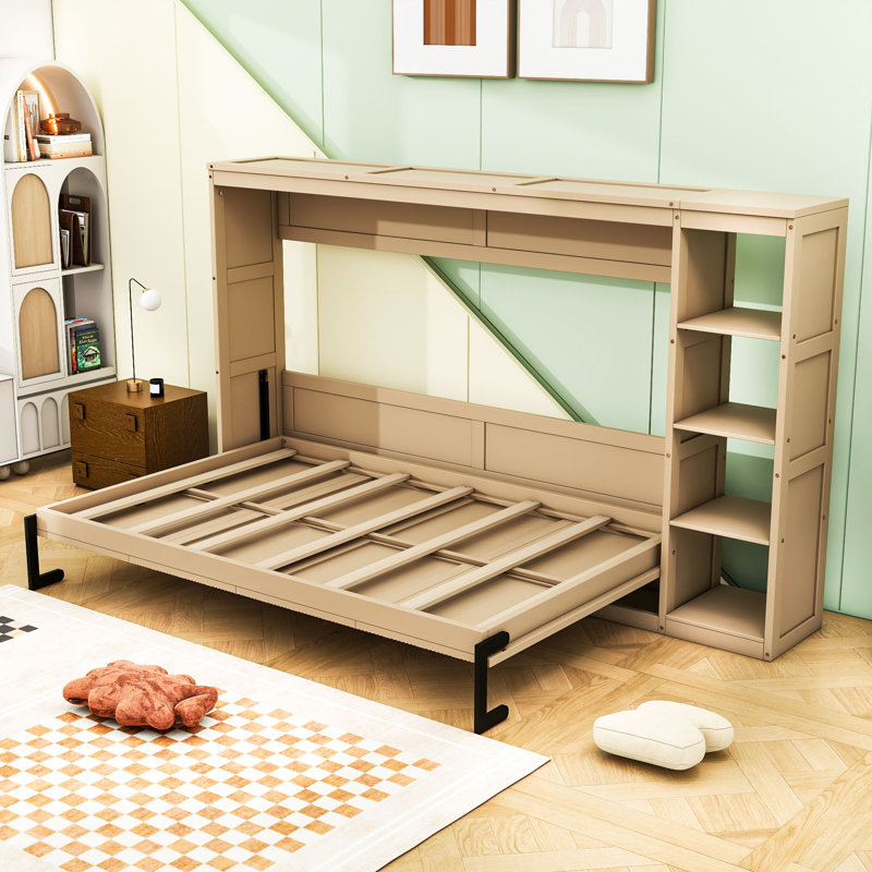 Lit escamotable en bois avec bibliothèque, Naturel, Double
