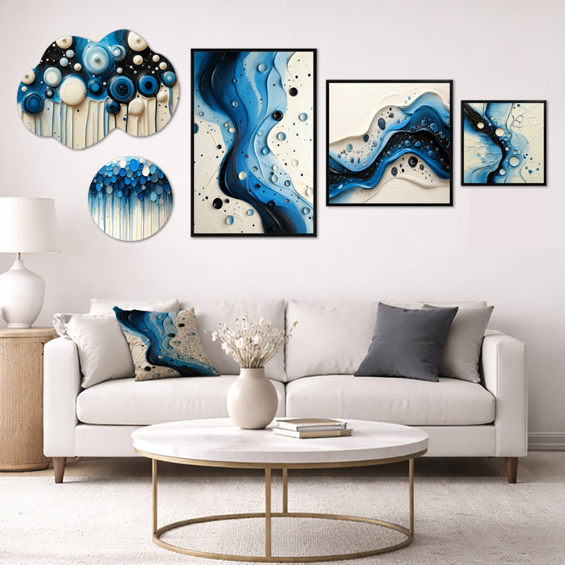 Ensemble de 5 panneaux décoratifs abstraits, toile et métal Rhythic Driauge River II (100 po x 40 po), Metal + Black Frame