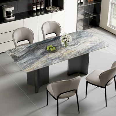 Modern 63" Sintered Stone Dining Table With 4 Upholstered Chairs, 5-Piece Contemporary Dining Table Set, Rectangular Kitchen Table And Chairs Set For 4 People