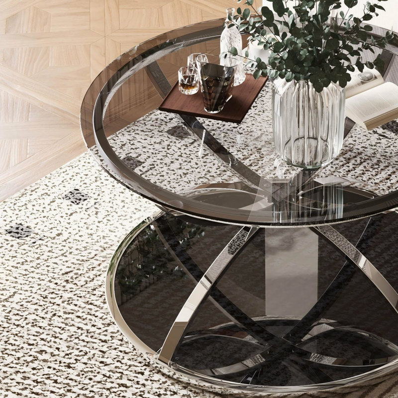 19.69" Modern 2-Tier Round Glass Side Table, Ring Frame, Chrome, Silver, Grey, 19.69", Silver