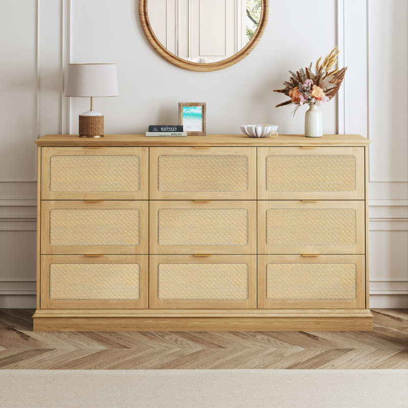 9-Drawer Boho Wood Chest Of Drawer 60" Wide Rattan Style, Yellow