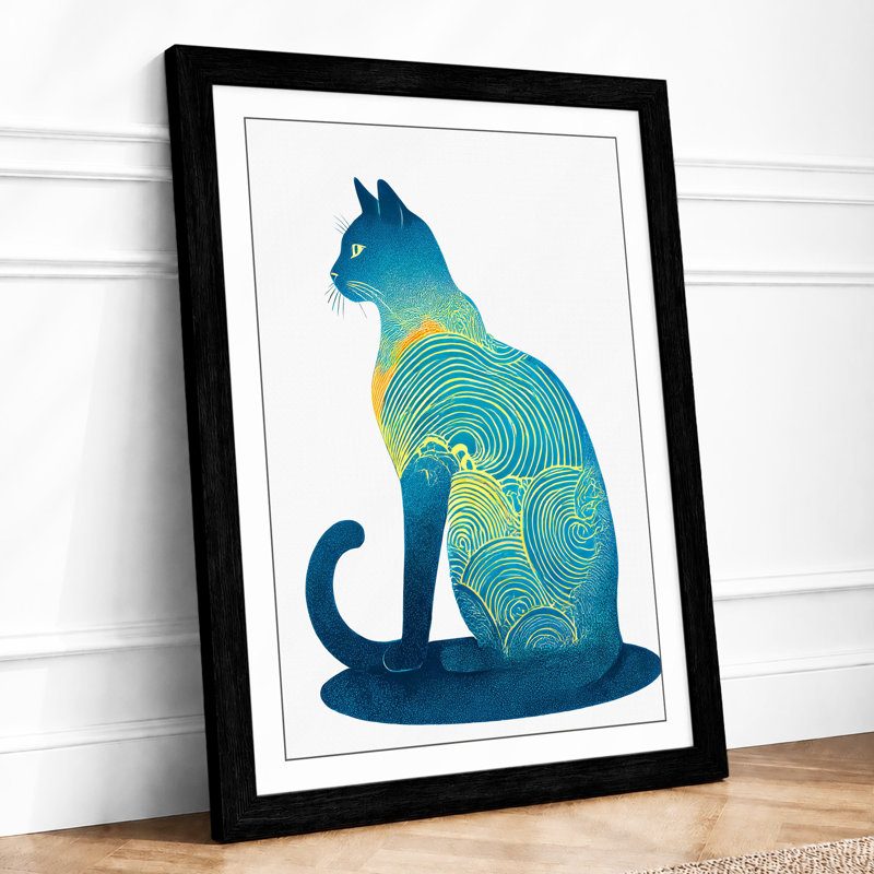 Serene Cat In Blue Boho - Single Picture Frame Print, A2 - 59.4 x 42.0 cm, Black