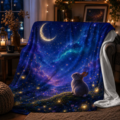 Moonlit Rabbit Blanket with Crescent Moon, Fireflies and Starry Sky, Dreamy Flannel Throw for Sofa, Bed, Reading Nook and Peaceful Evenings at Home, 30 x 40 in