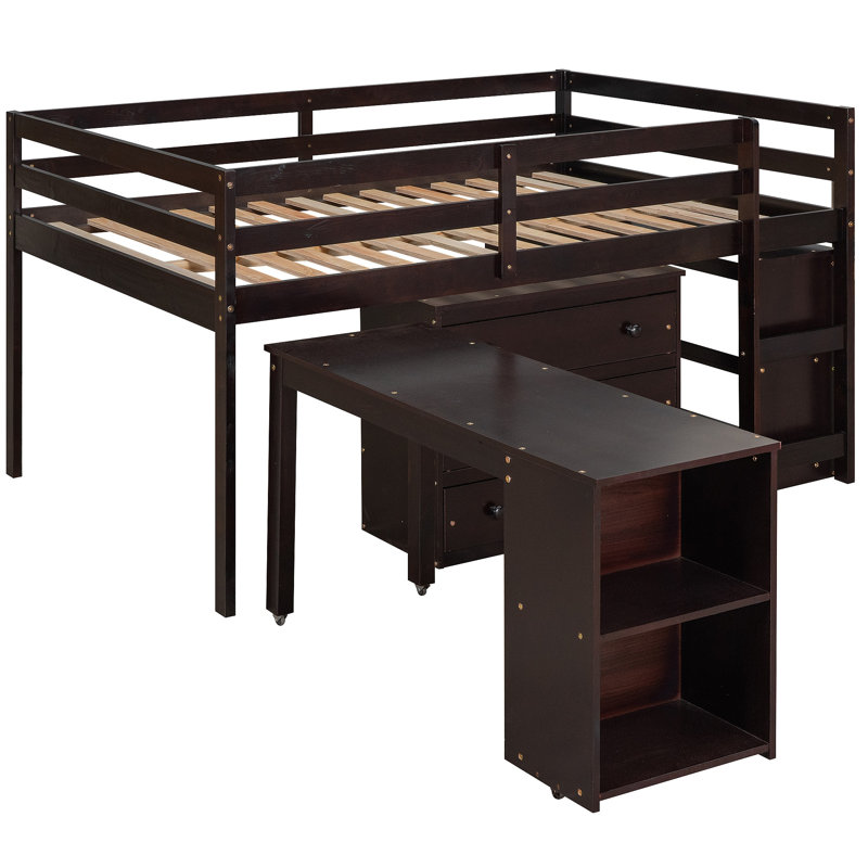 Lit mezzanine basse avec armoire, tablettes et bureau portable roulant, lit multifonctionnel, Espresso