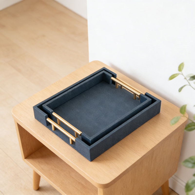 Decorative Tray Set Of 2 With Gold Handles, Faux Shagreen Leather Serving Trays For Coffee Table, Ottoman, Kitchen And Home Decor, Rectangular Organizer With Velvet Base