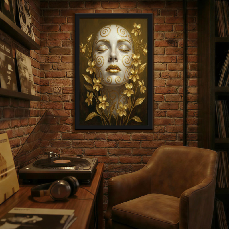 Plantes et fleurs ornées de fleurs dorées au visage serein avec des tourbillons, H 18 po x l 12 po