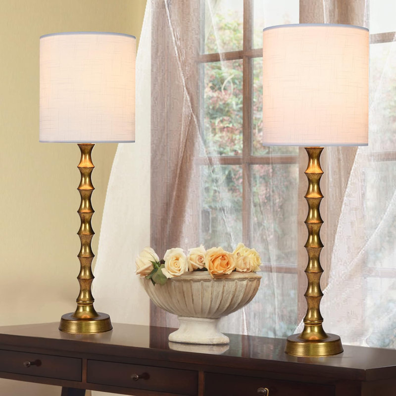 30.5" Gold Bamboo Candlestick Buffet Lamps with White Shades