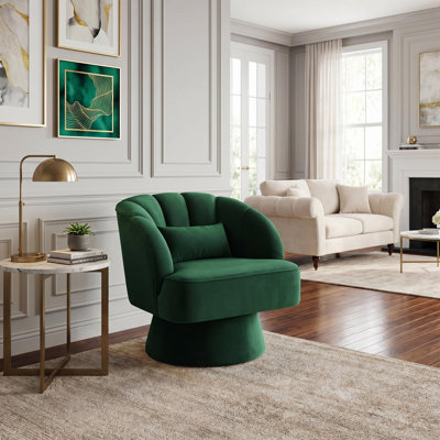 Fauteuil d'appoint pivotant en velours vert foncé avec dossier rayé de 360 °, 27,6 x 27,6 x 27,6 pouces