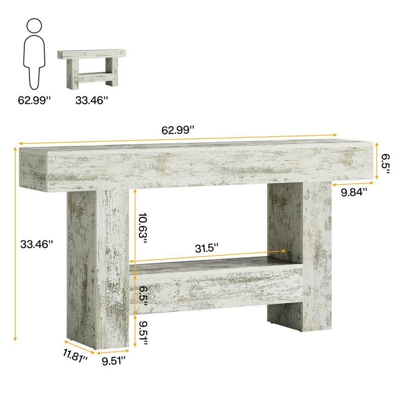 63 Inch Long Console Table, Farmhouse Entryway Table With Storage, Rustic Wood Sofa Table Behind Couch Table