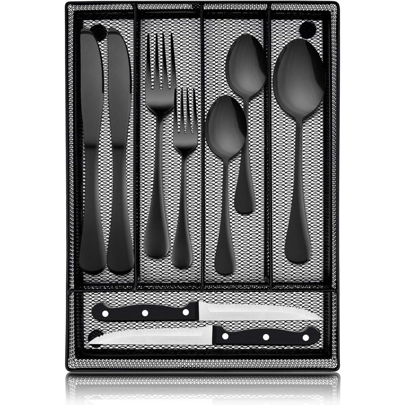 Ensemble de couverts 24 pièces en acier inoxydable avec couteaux à steak et organisateur, ensemble de couverts poli miroir pour 4, vaisselle allant au lave-vaisselle pour la maison, le mariage et les fêtes