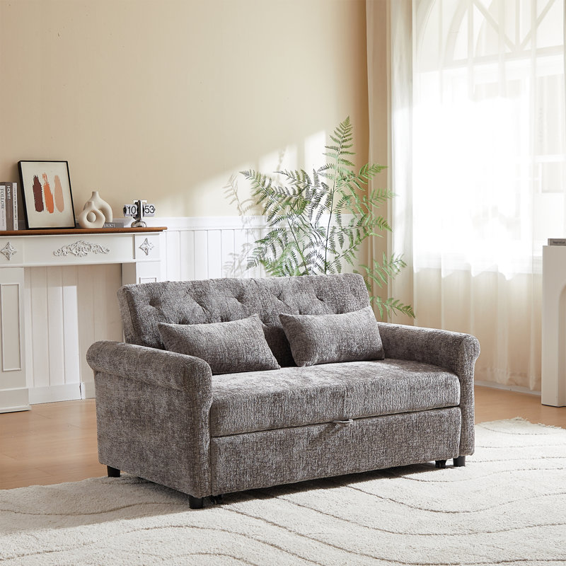58.27 Inch 3-In-1 Loveseat Sofa Bed - Chenille Fabric Pull-Out Couch Sleeper - Full KD Back Frame, Light Gray
