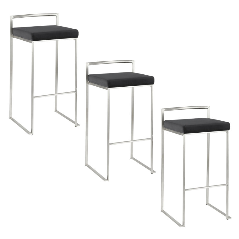 Tabouret de bar contemporain en métal avec coussin - ensemble de 3, Chrome chrome, Noir