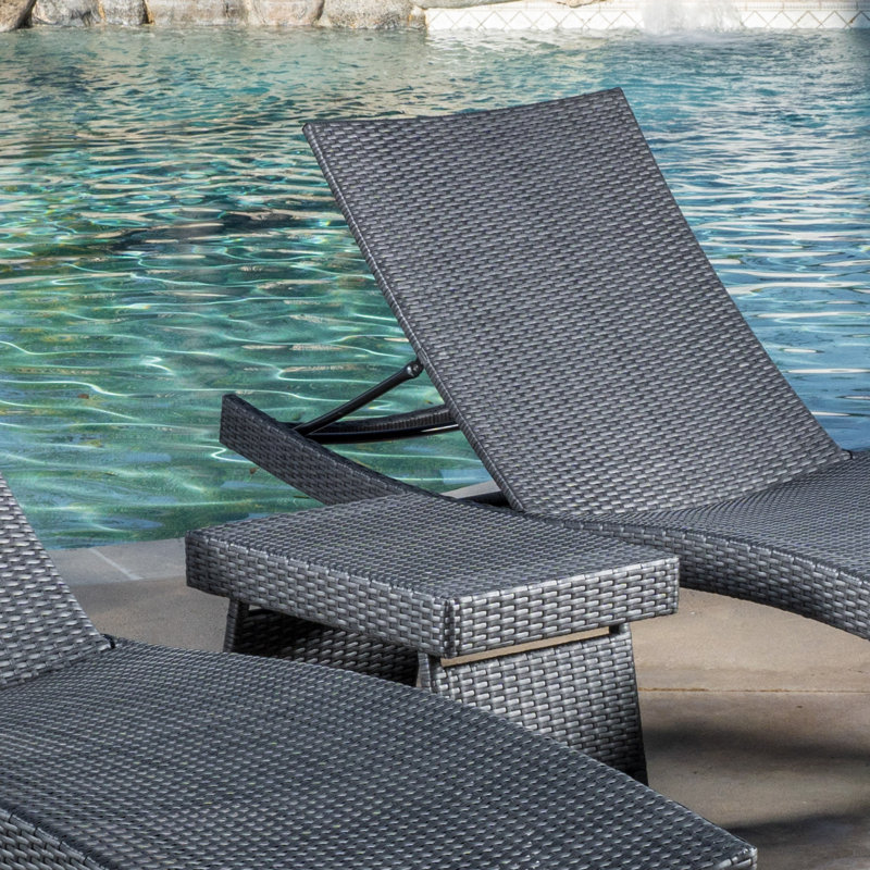 East Village Outdoor Wicker Chaise Lounge Set with Table, Gray