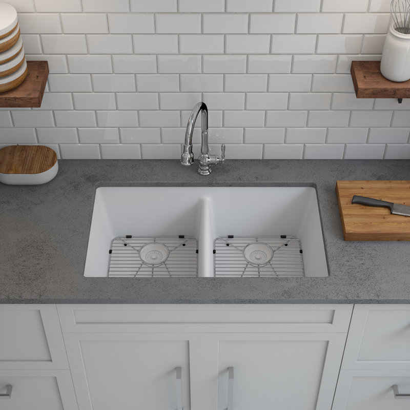 32" x 19" Quartz Kitchen Sink, 50/50 Double Bowl Sink, Drop-in Sink, Undermount Sink, Granite Kitchen Sink, with 2 Steel Grids and Basket Strainer, Disposal Flange