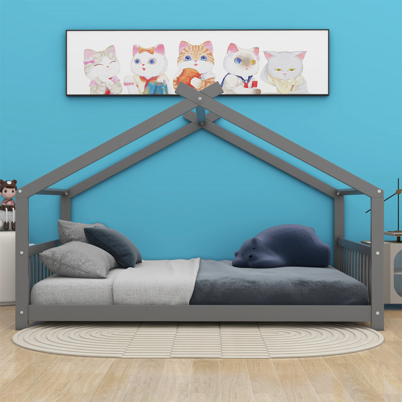 Solid Wood Low House Bed, Gray, Full / Double