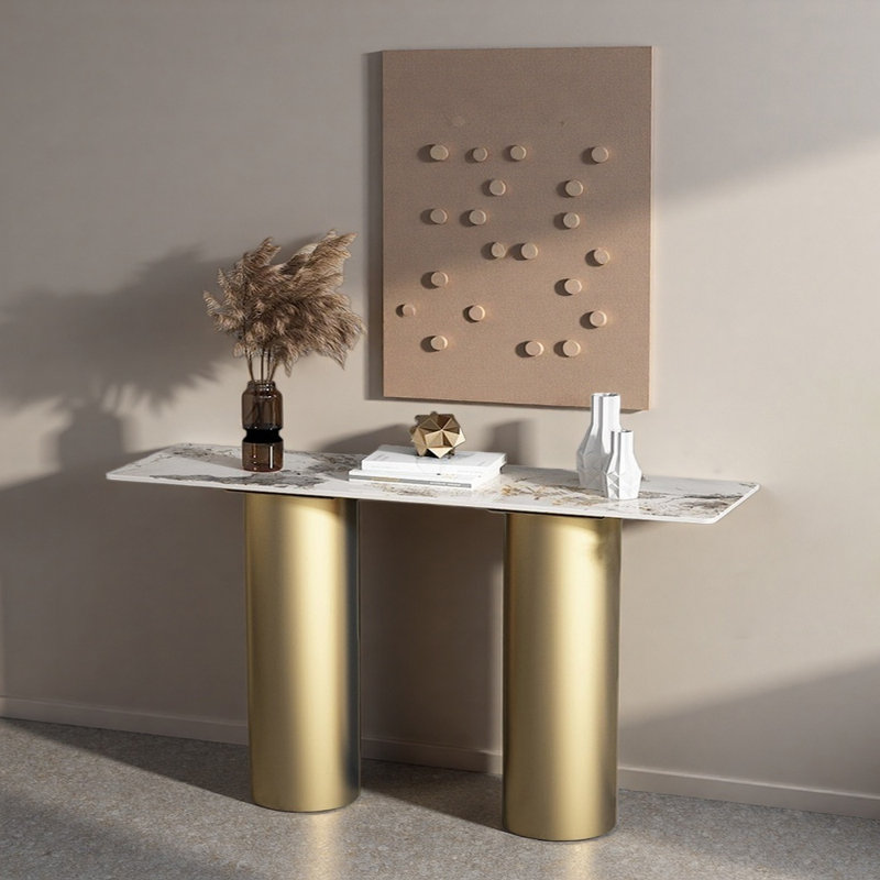 Table de hall d'entrée italienne de luxe, H 31,5 po x l 55,1 po x P 13,8 po, Doré, Beige