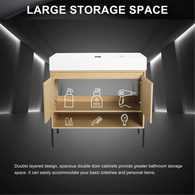 Ensemble de meuble-lavabo 36 po avec lavabo simple en résine, ensemble d'armoires de rangement modernes 2 portes, bois massif multicouche, chêne