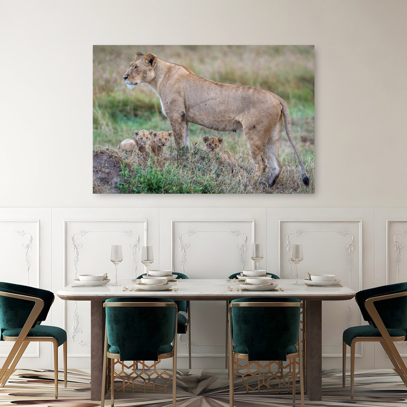 Watchful Lioness And Cubs Contemporary Cat Lion Nature Wildlife Wall Art Print by Jeffrey C. Sink - 1 Piece Wrapped Canvas Wall Art