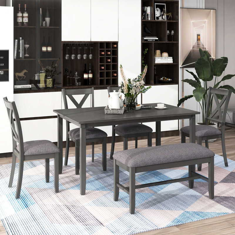 Table de salle à manger rectangulaire 6 places, table en bois, 4 chaises et banc, pour table familiale