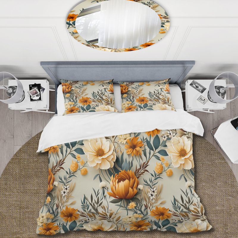 Literie harmonie botanique naturelle orange et verte, Housse de couette pour très grand lit et 2 très