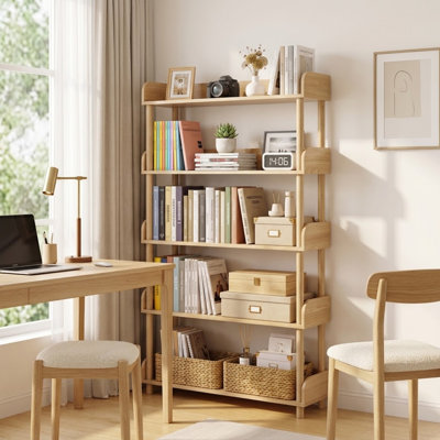 Bibliothèque à 5 niveaux en bois - Bibliothèque autoportante avec tablettes de rangement ouvertes et pieds en bois massif pour le bureau à domicile, le salon et la chambre à coucher