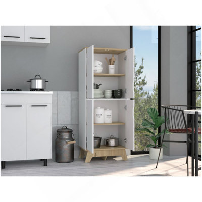 Double garde-manger Wallas, double porte, quatre pieds, quatre tablettes, finition chêne clair / blanc