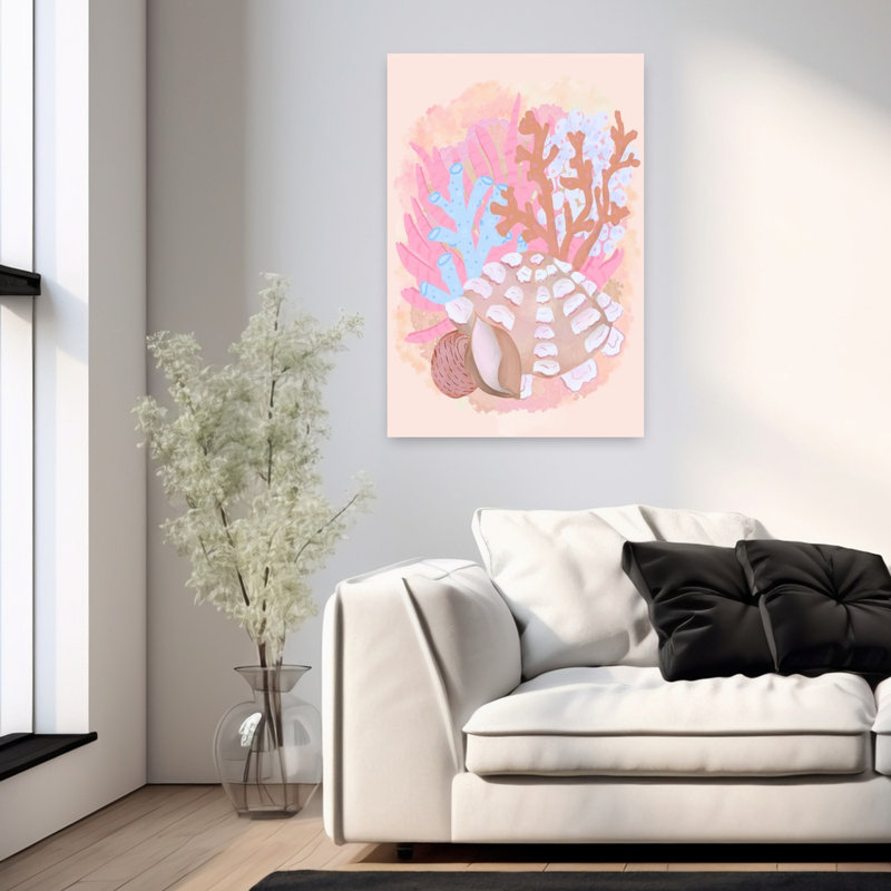 Doux corail, coquillages délicats, rêve, sérénité, art mural côtier, H 36 po x l 24 po