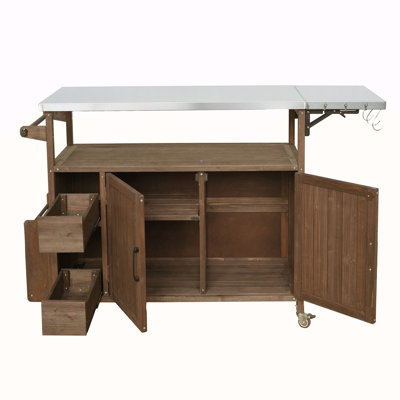 54.33" Farmhouse Rolling Outdoor Kitchen Cart, Solid Wood Frame With Stainless Steel Top, Spice Rack, Towel Rack, Lockable Wheels & Multi-Functional Storage For Patio, Backyard BBQ & Kitchen