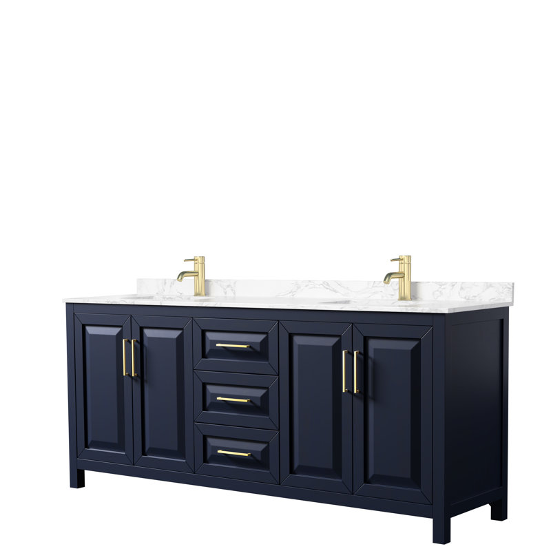 Daria 80'' W Double Vanity, Brushed Gold, Dark Blue, Carrara Cultured Marble