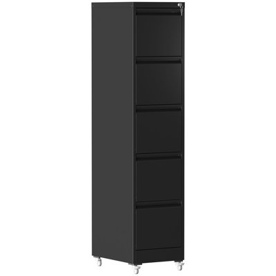 5 Drawer Metal Vertical File Cabinet With Lock And Wheels For Home Office, Adjustable Hanging Rods A4/Letter/Legal Size, Full - Retractable Slides, Construction In Black Wheels, Ample Room Smooth
