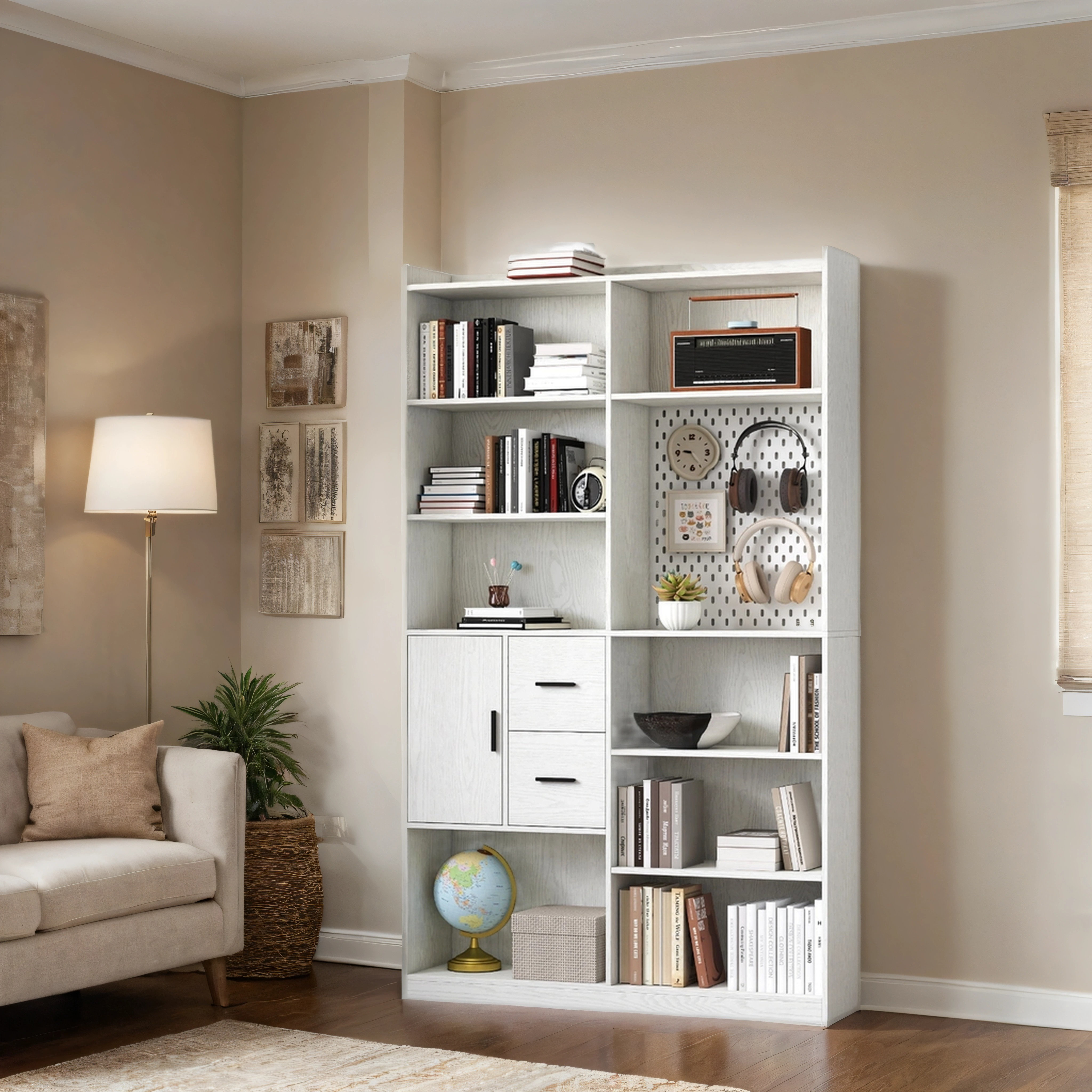 Latitude Run® Wood Bookcase with Pegboard & Drawers, 9-Shelf Storage