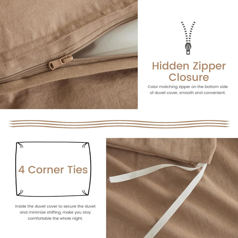 French Linen Duvet Cover Set 3Pcs With Hidden Zipper Closure Natural Flax Cotton Blend, Clay, King Duvet Cover + 2 King Shams